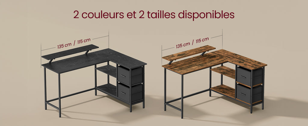 VASAGLE L-Shaped Desk with 2 Spacious Drawers, Gaming Desk with Monitor Stand, Corner Desk, Computer Desk