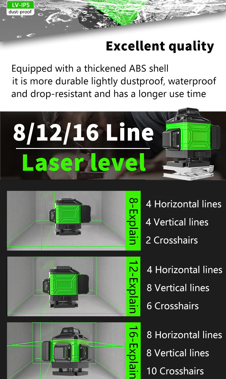 8/12 Line Green Laser Level 360° Self-Leveling Cross Line Tool Horizontal Vertical Measuring for Construction & DIY