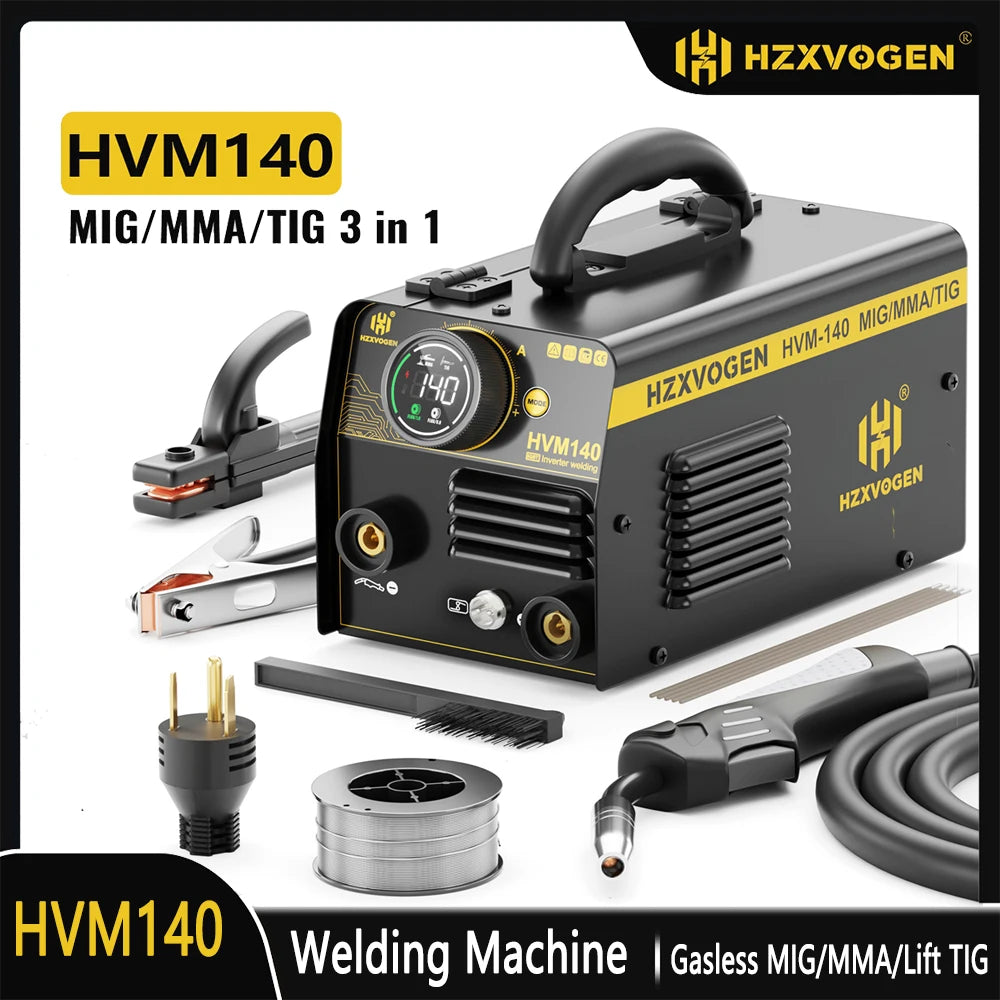 HZXVOGEN HVM140 3 in 1 Semi-Automatic Inverter Mig Welding Machine MMA/Gasless MIG/Lift TIG IGBT Non Gas Welder Synergy Tool