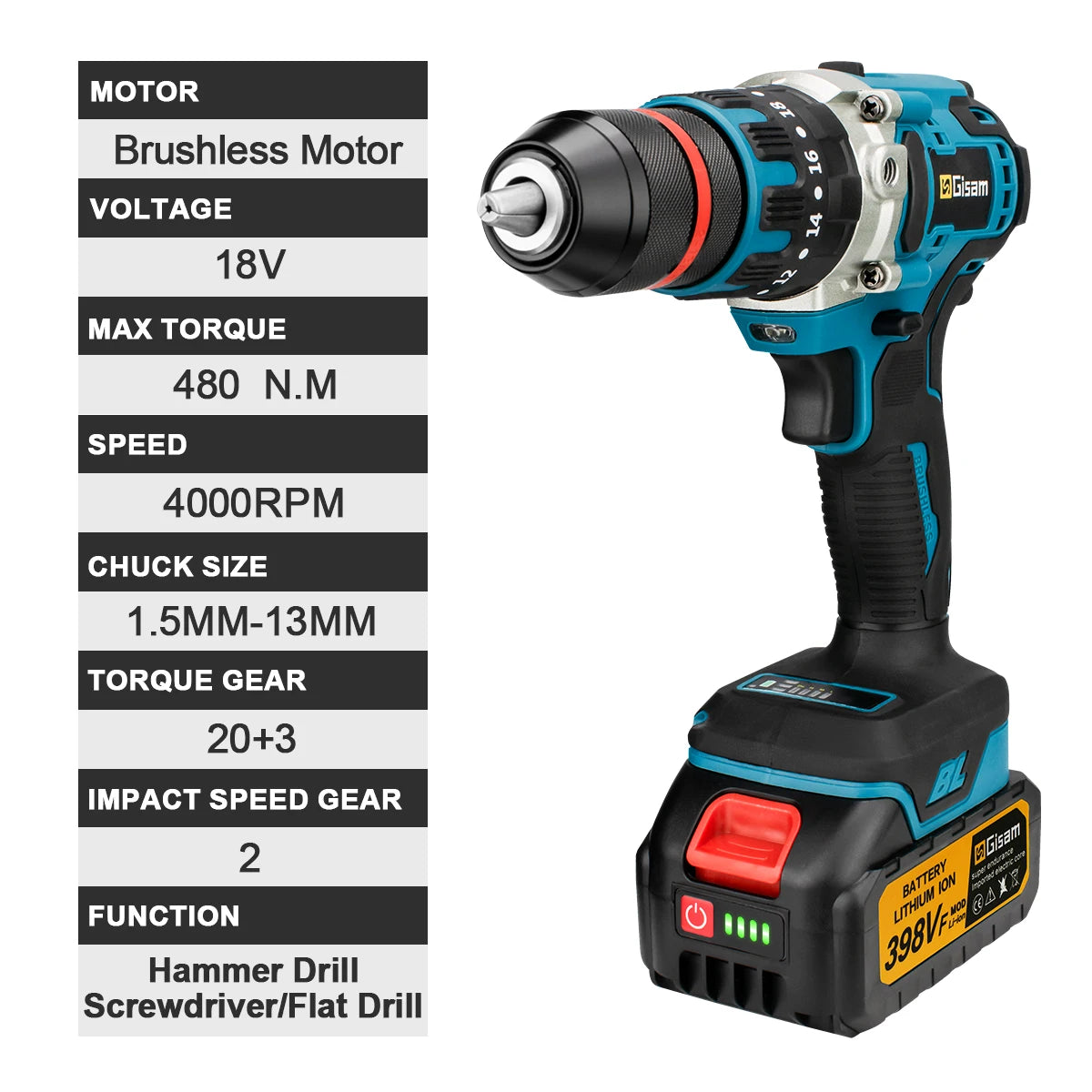 480N.M Brushless Electric Impact Drill Cordless Drill 13mm Electric Screwdriver DIY Driver Power Tool for Makita 18V Battery Pin
