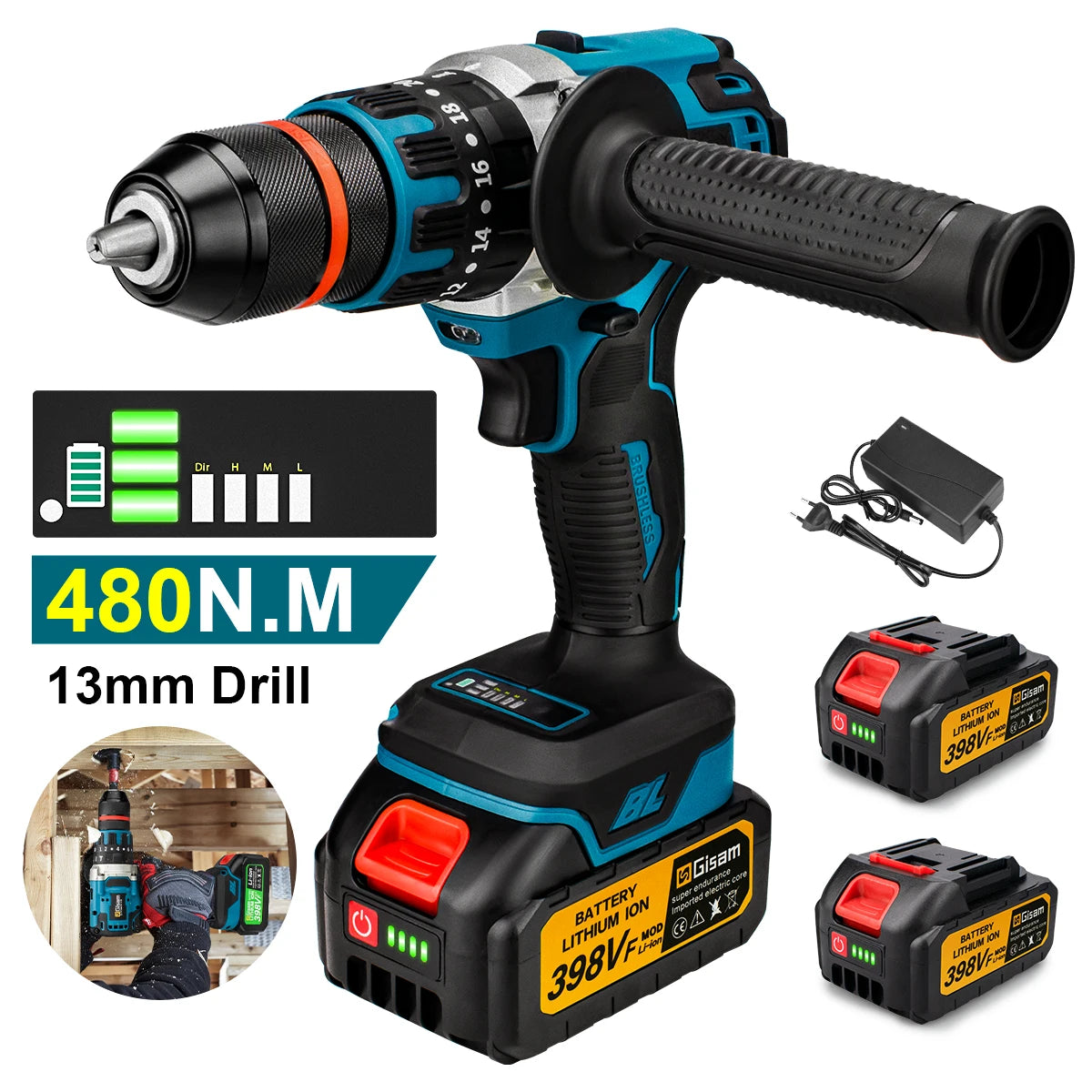 480N.M Brushless Electric Impact Drill Cordless Drill 13mm Electric Screwdriver DIY Driver Power Tool for Makita 18V Battery Pin