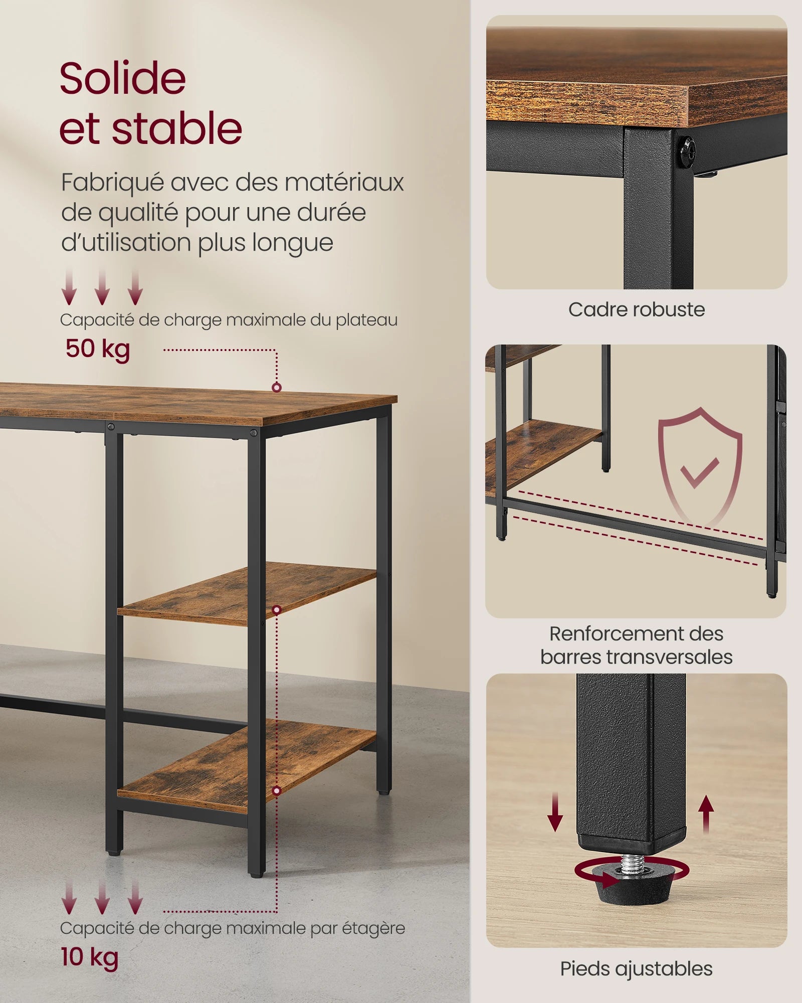 Computer Desk, 3 Shelves, 2 Drawers, 60 x 140 x 76 cm, Rustic Brown and Black/Natural Oak and Pearl White Color