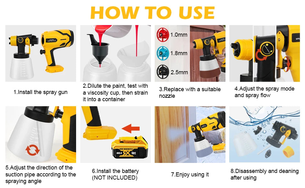 1500W Electric Cordless Spray Gun HVLP Paint Sprayer For Dewalt 20V MAX Battery Furniture Coating Airbrush