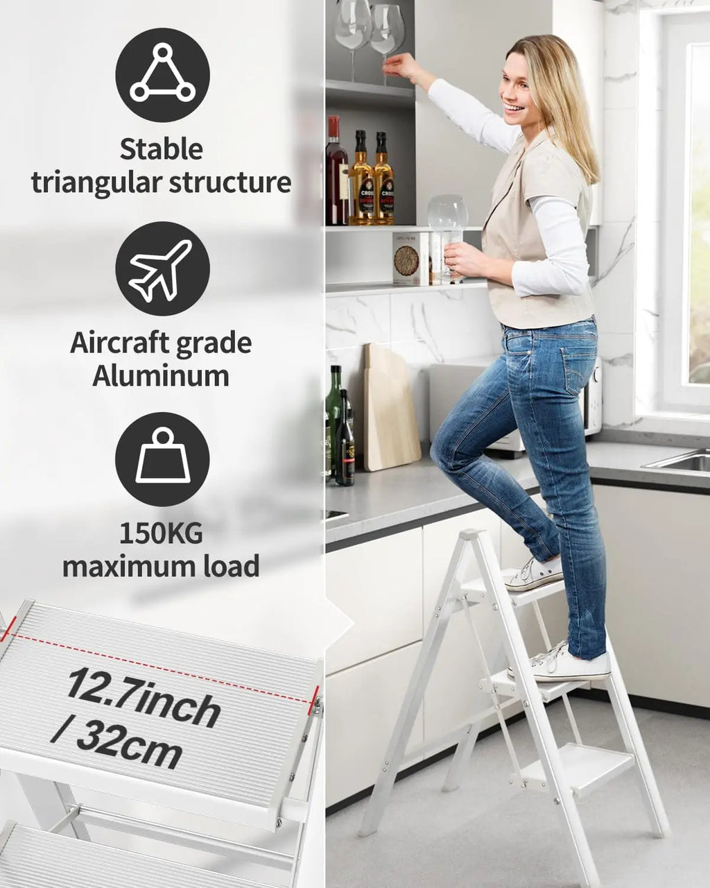 2-3-4 Step Ladder Aluminum Lightweight Folding Step Stool Wide Anti-Slip Pedal 150kg load Household Office Portable Stepladder