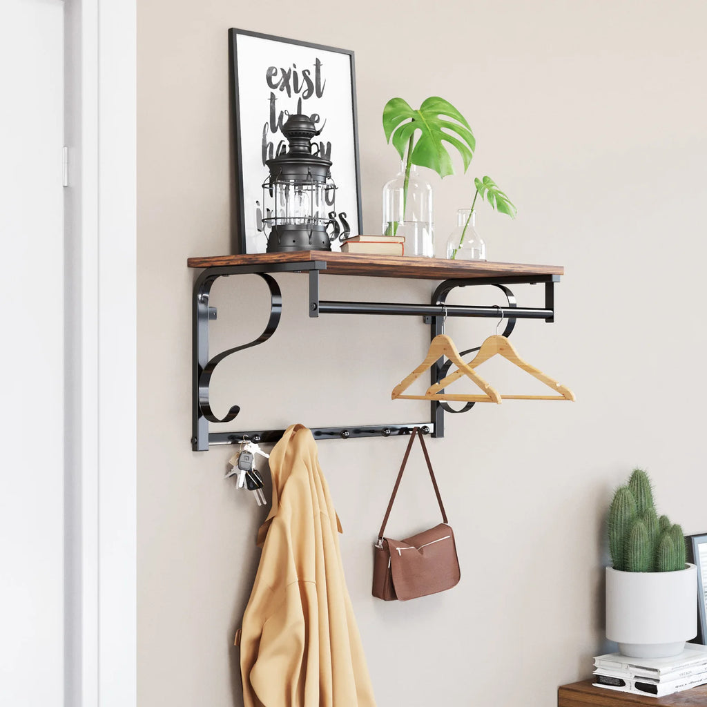 VASAGLE Industrial Wall Mounted Coat Rack with Shelf, 5 Hooks, Hanging Bar, for Hallway, Bathroom, Living Room
