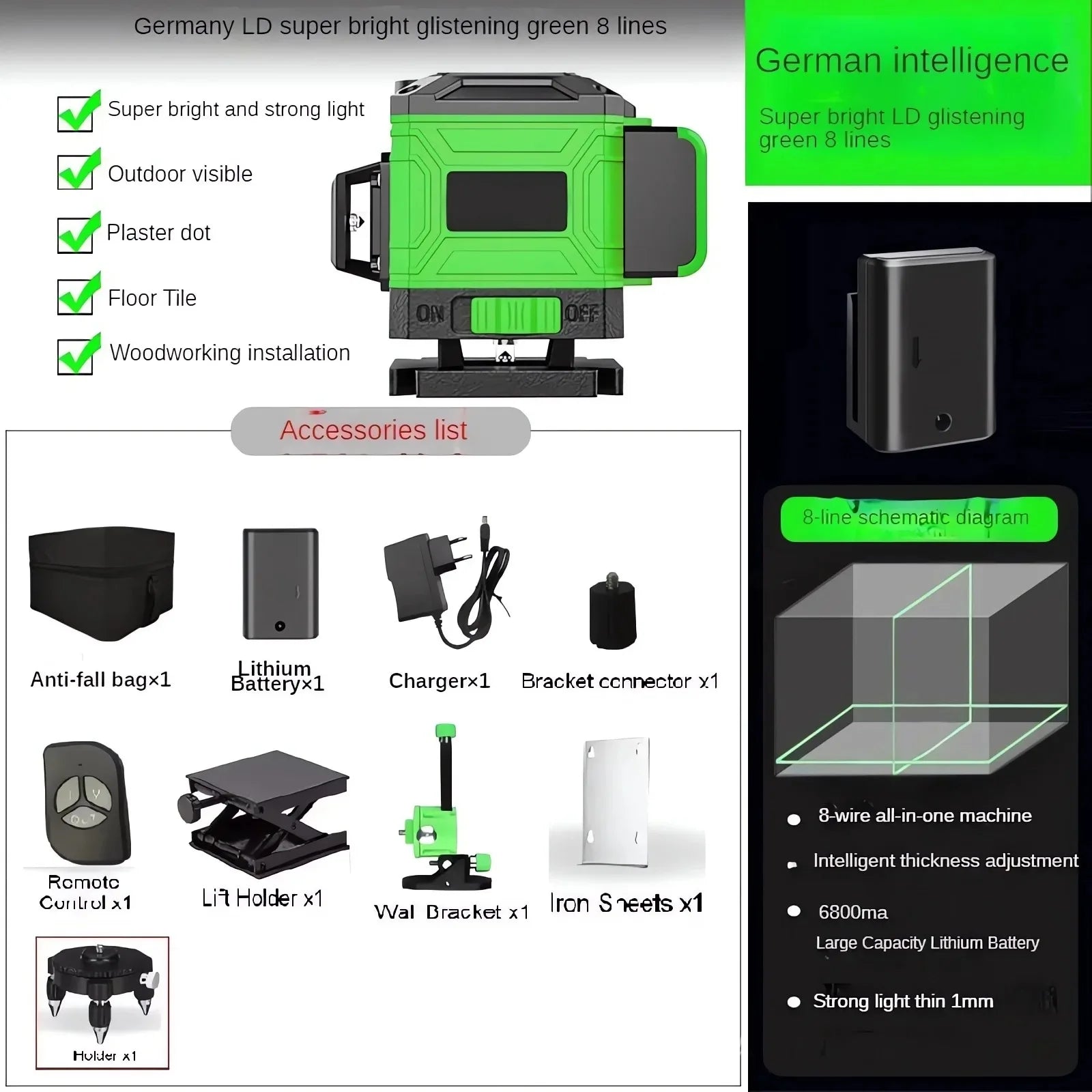 8/12 Line Green Laser Level 360° Self-Leveling Cross Line Tool Horizontal Vertical Measuring for Construction & DIY