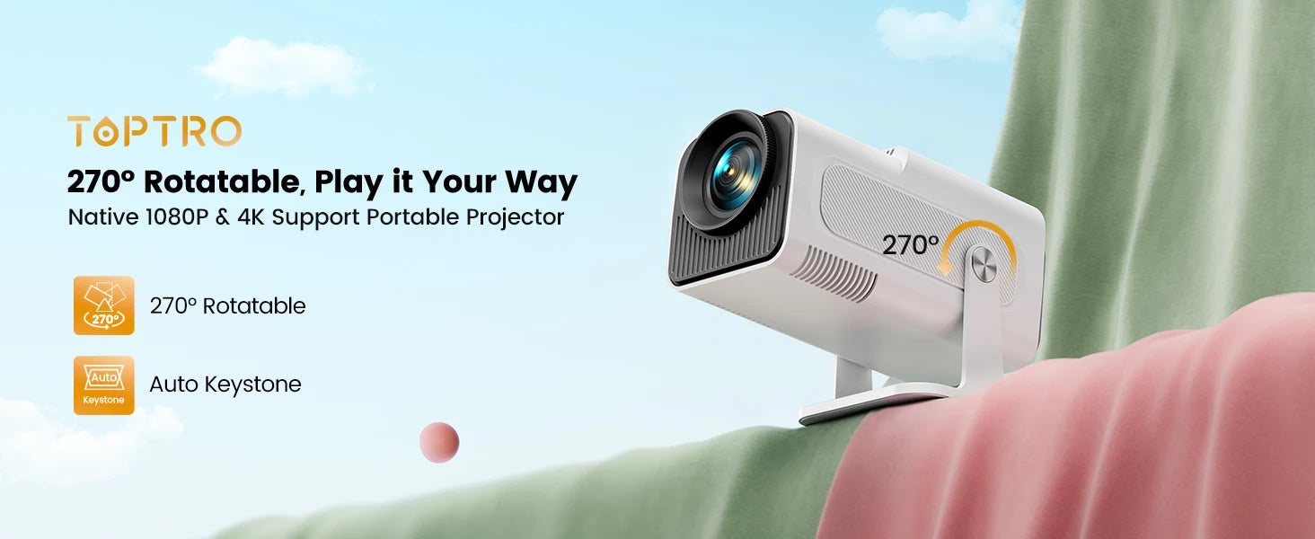 TOPTRO Mini Portable Projector 4K Support 20000 Lumens Full HD 1080P Native 270° Rotating Projector Home Theater Projector