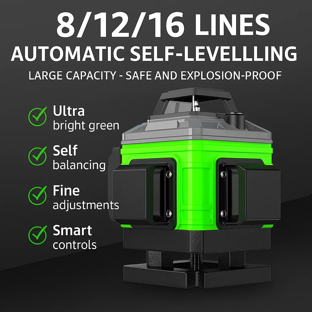 8/12 Line Green Laser Level 360° Self-Leveling Cross Line Tool Horizontal Vertical Measuring for Construction & DIY