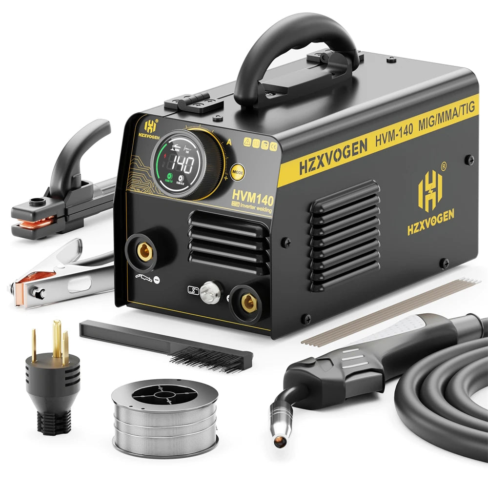 HZXVOGEN HVM140 3 in 1 Semi-Automatic Inverter Mig Welding Machine MMA/Gasless MIG/Lift TIG IGBT Non Gas Welder Synergy Tool