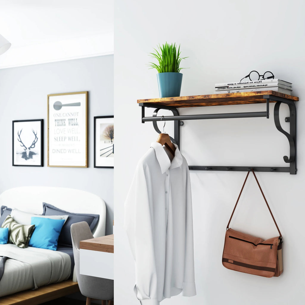 VASAGLE Industrial Wall Mounted Coat Rack with Shelf, 5 Hooks, Hanging Bar, for Hallway, Bathroom, Living Room