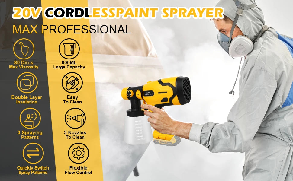 1500W Electric Cordless Spray Gun HVLP Paint Sprayer For Dewalt 20V MAX Battery Furniture Coating Airbrush