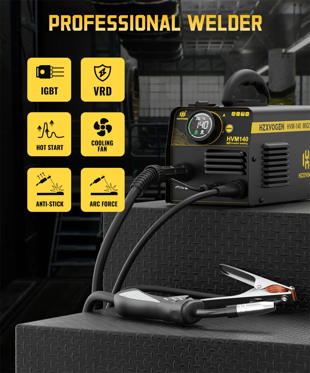 HZXVOGEN HVM140 3 in 1 Semi-Automatic Inverter Mig Welding Machine MMA/Gasless MIG/Lift TIG IGBT Non Gas Welder Synergy Tool