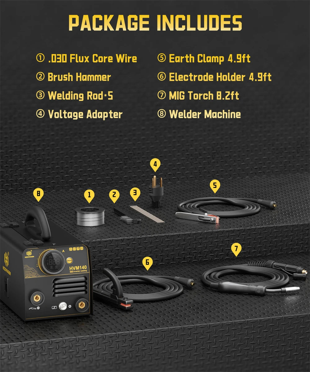 HZXVOGEN HVM140 3 in 1 Semi-Automatic Inverter Mig Welding Machine MMA/Gasless MIG/Lift TIG IGBT Non Gas Welder Synergy Tool