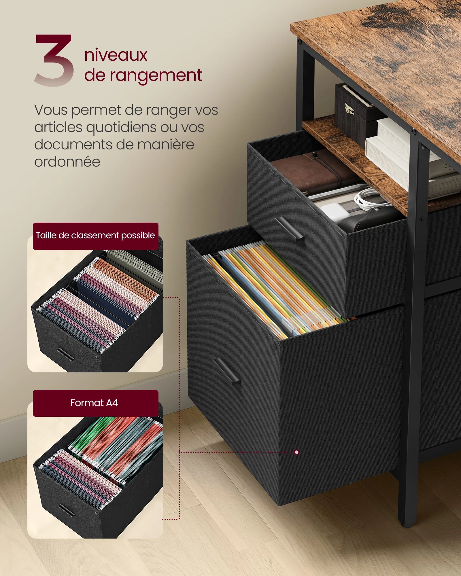 Computer Desk, 3 Shelves, 2 Drawers, 60 x 140 x 76 cm, Rustic Brown and Black/Natural Oak and Pearl White Color