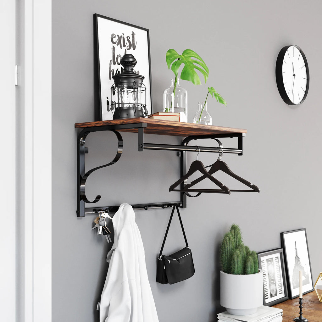 VASAGLE Industrial Wall Mounted Coat Rack with Shelf, 5 Hooks, Hanging Bar, for Hallway, Bathroom, Living Room