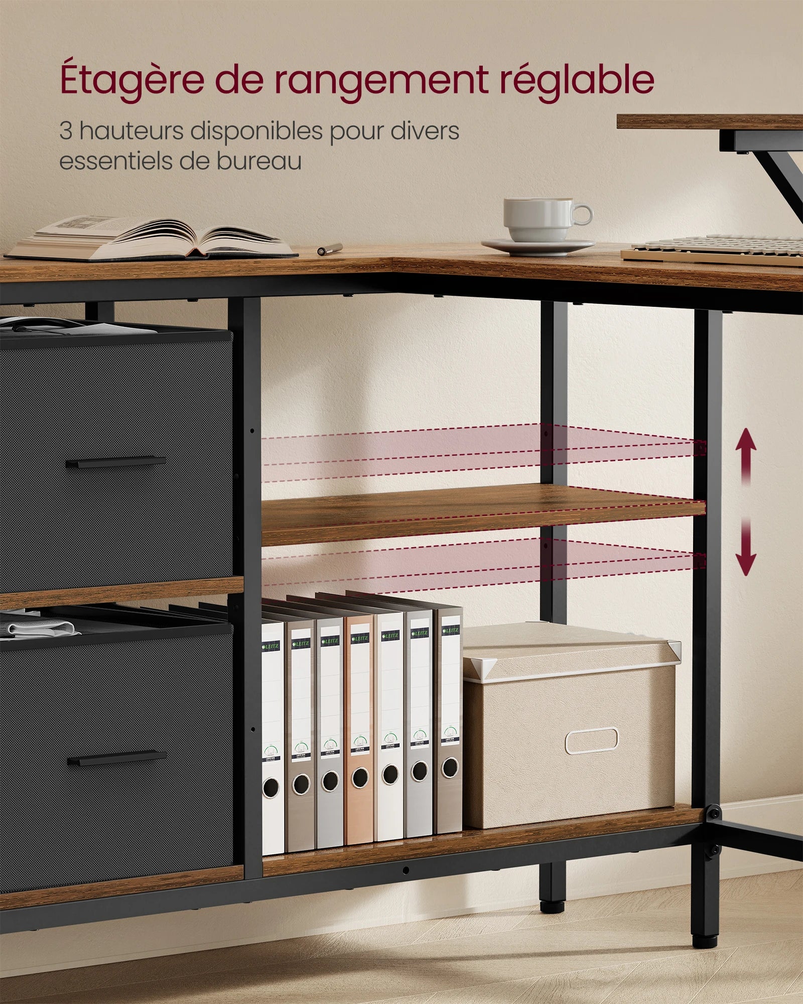 VASAGLE L-Shaped Desk with 2 Spacious Drawers, Gaming Desk with Monitor Stand, Corner Desk, Computer Desk