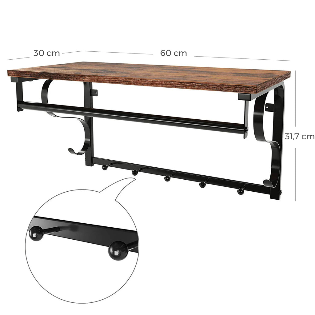 VASAGLE Industrial Wall Mounted Coat Rack with Shelf, 5 Hooks, Hanging Bar, for Hallway, Bathroom, Living Room