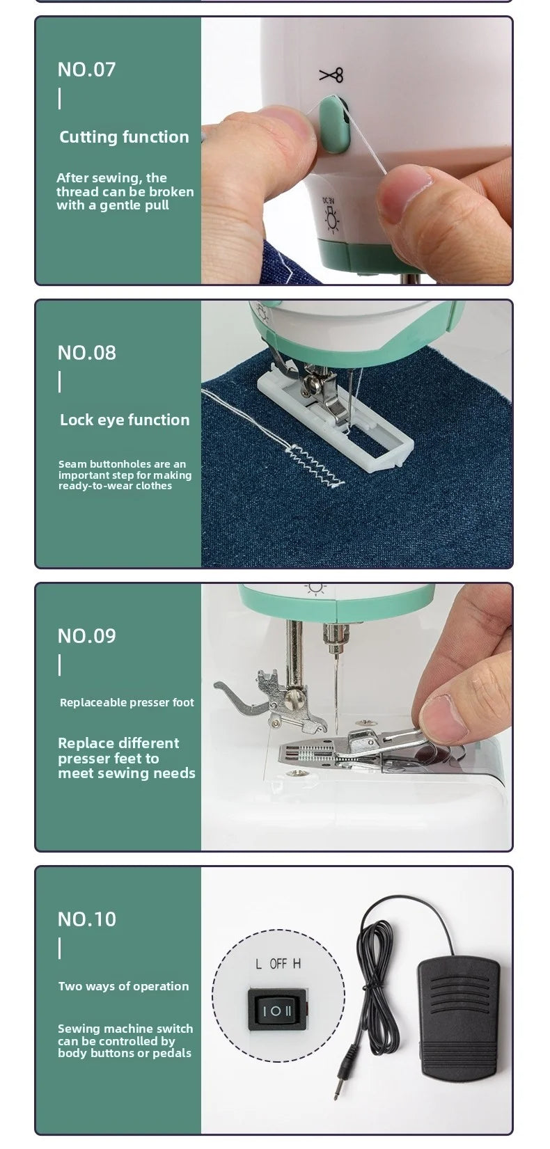 portable Sewing Machine for Beginners with 12 Stitches Pattern LED Light Foot Pedal Double Thread Sewing Kits  Plugged In 220V