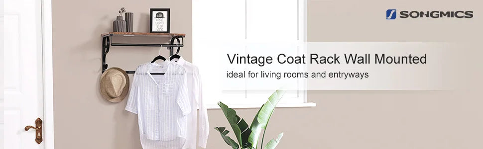 VASAGLE Industrial Wall Mounted Coat Rack with Shelf, 5 Hooks, Hanging Bar, for Hallway, Bathroom, Living Room