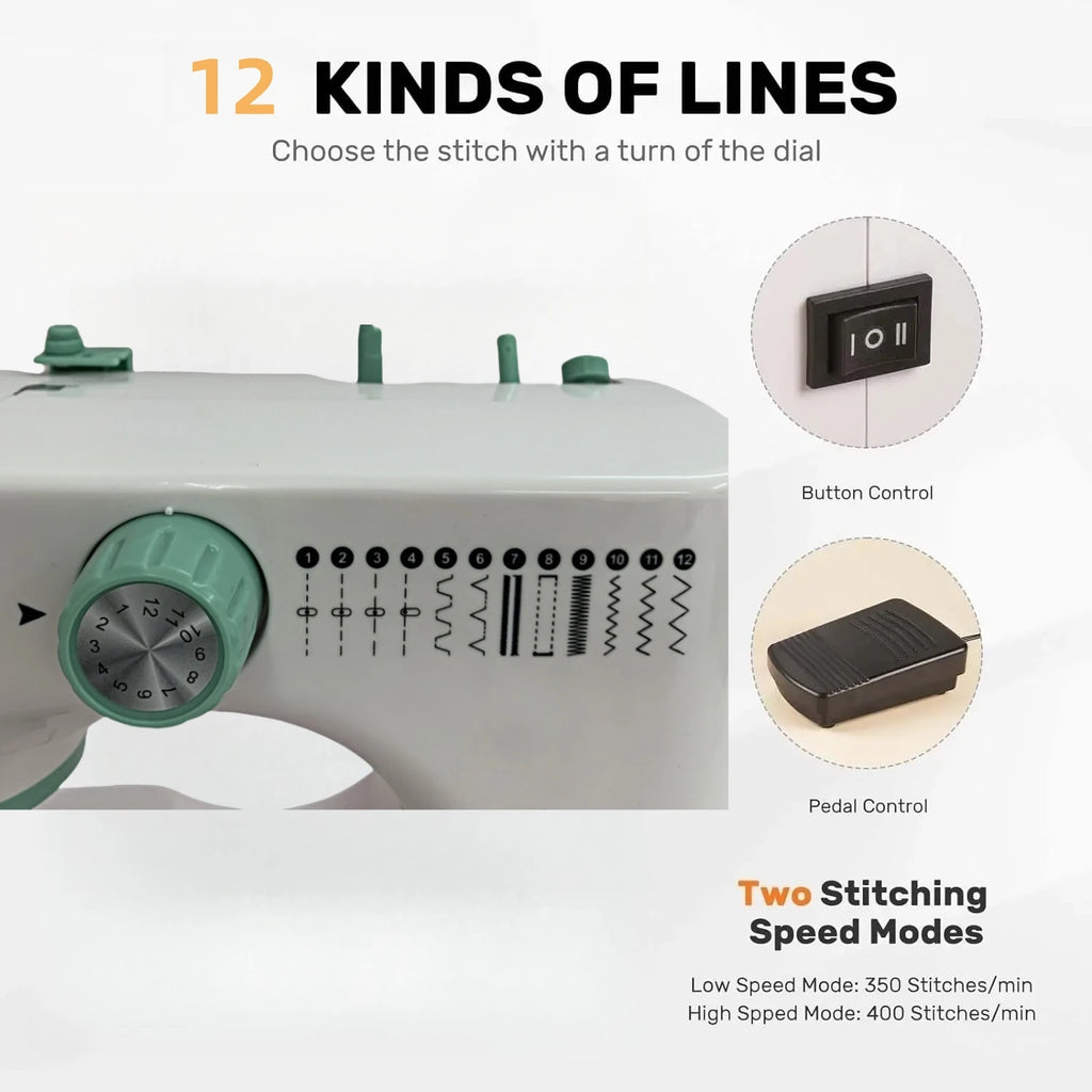 portable Sewing Machine for Beginners with 12 Stitches Pattern LED Light Foot Pedal Double Thread Sewing Kits  Plugged In 220V