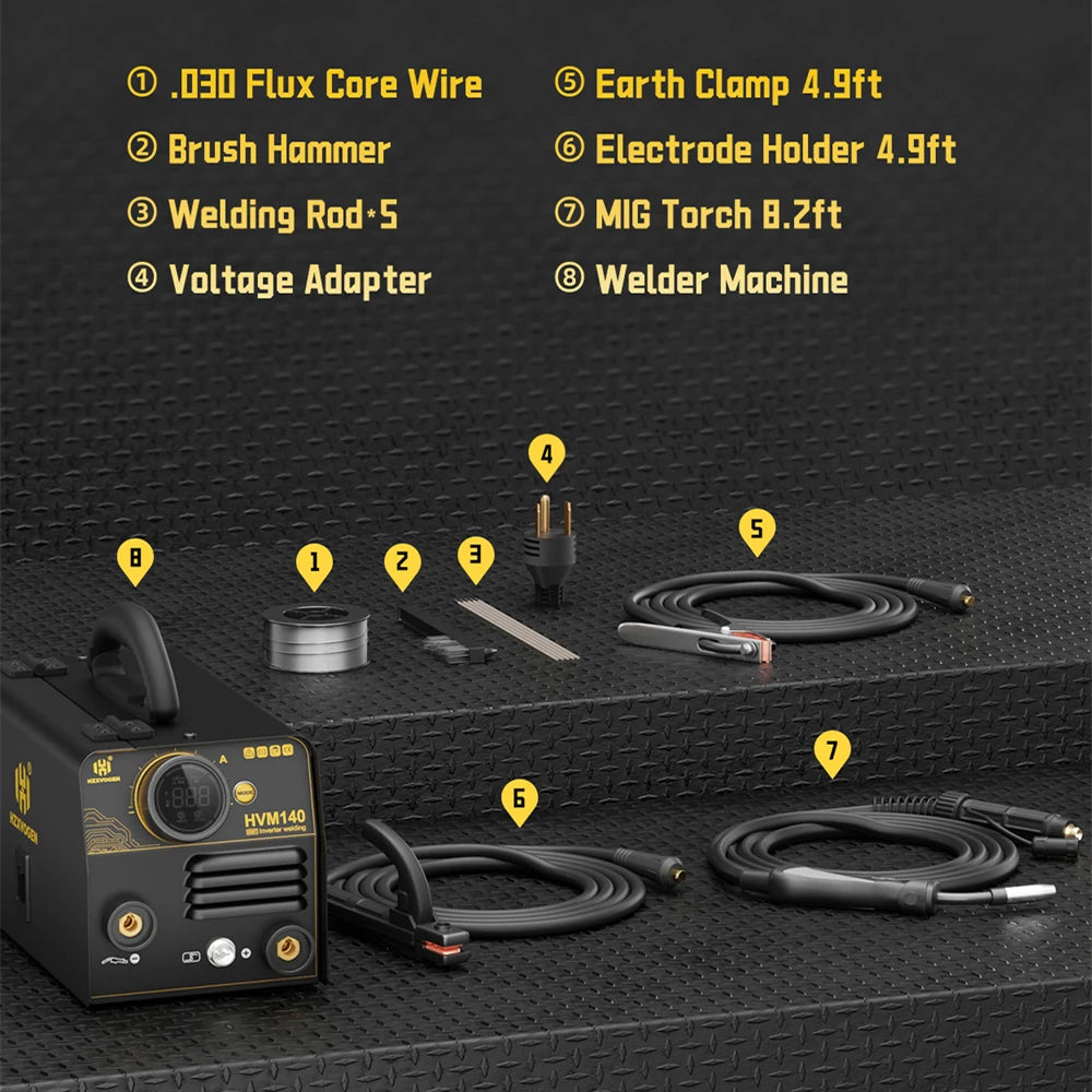 HZXVOGEN HVM140 3 in 1 Semi-Automatic Inverter Mig Welding Machine MMA/Gasless MIG/Lift TIG IGBT Non Gas Welder Synergy Tool