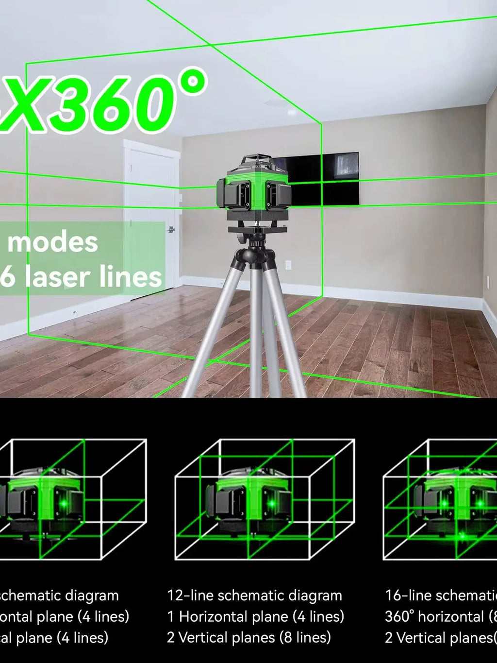 4D 16-Line Self-Leveling Laser Level, USB Rechargeable Cross Line Tool for Construction Tiling, Flooring,Drywall, Wall Alignment