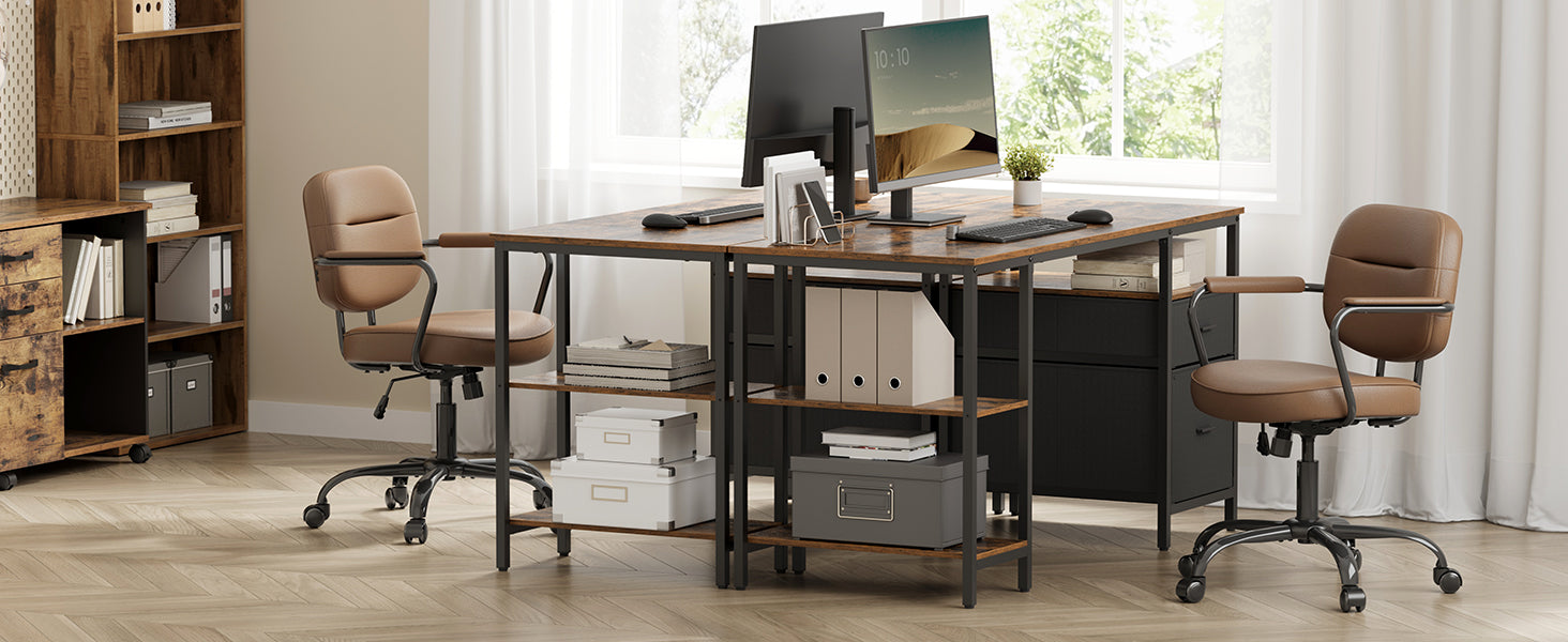 Computer Desk, 3 Shelves, 2 Drawers, 60 x 140 x 76 cm, Rustic Brown and Black/Natural Oak and Pearl White Color